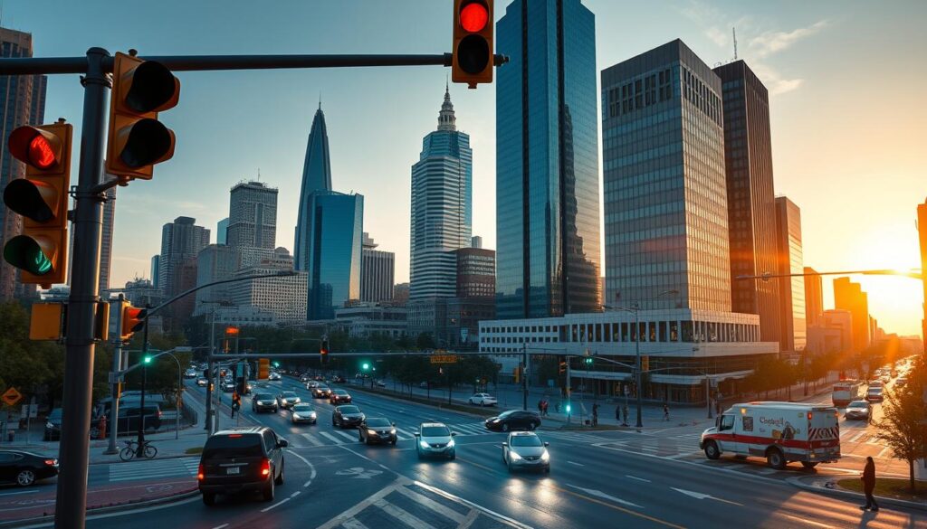 A bustling cityscape of Columbus, Ohio, showcasing its innovative intelligent traffic systems. In the foreground, a network of smart traffic lights seamlessly coordinate the flow of vehicles, bicycles, and pedestrians, responding dynamically to real-time conditions. In the middle ground, autonomous emergency response vehicles navigate efficiently through the streets, guided by an interconnected network of sensors and AI-powered routing algorithms. In the background, towering skyscrapers and bustling streets illustrate the city's vibrant urban landscape, all powered by a comprehensive IoT infrastructure that revolutionizes transportation and public safety. Capture this scene with a cinematic wide-angle lens, bathed in the warm glow of a setting sun, conveying a sense of progress, efficiency, and technological prowess.