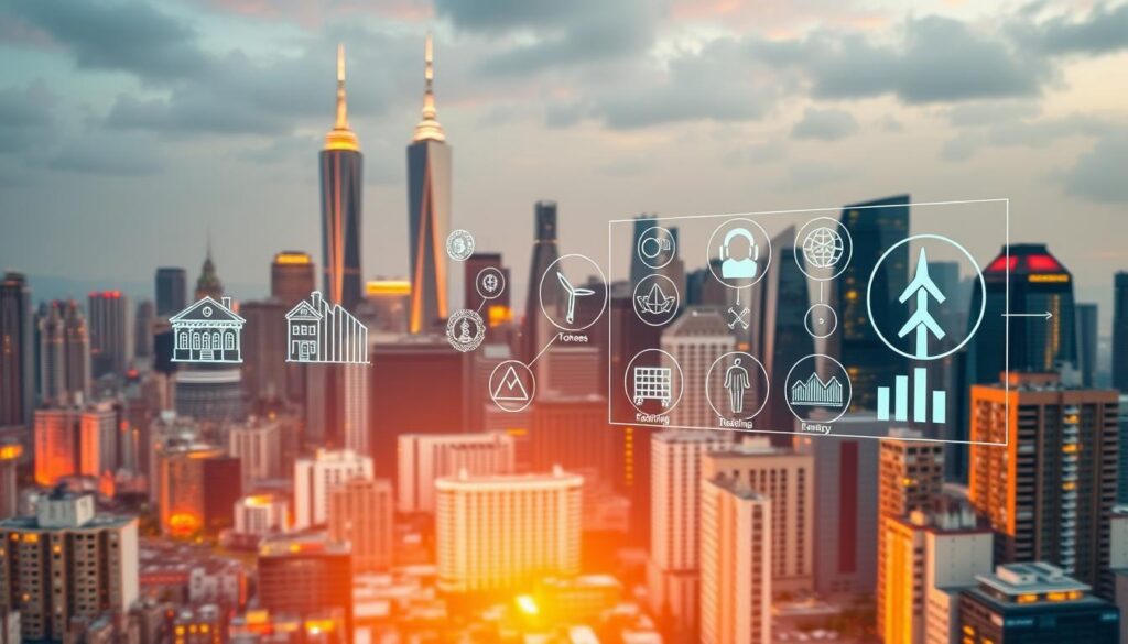 A bustling cityscape, with diverse buildings and skyscrapers in the background, showcasing the integration of blockchain technology into various real-world assets. In the foreground, a futuristic user interface displays tokenized assets, such as real estate, art, and renewable energy projects, highlighting the innovative decentralization of traditional financial markets. Warm, vibrant lighting casts a sense of progress and transformation, while subtle details like floating data visualizations and holographic displays convey the advanced, technology-driven nature of this financial revolution. The composition captures the essence of how tokenization is redefining the landscape of global finance. A bustling cityscape, with diverse buildings and skyscrapers in the background, showcasing the integration of blockchain technology into various real-world assets. In the foreground, a futuristic user interface displays tokenized assets, such as real estate, art, and renewable energy projects, highlighting the innovative decentralization of traditional financial markets. Warm, vibrant lighting casts a sense of progress and transformation, while subtle details like floating data visualizations and holographic displays convey the advanced, technology-driven nature of this financial revolution. The composition captures the essence of how tokenization is redefining the landscape of global finance.