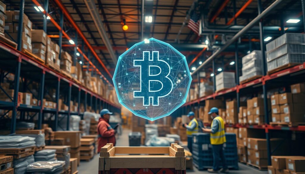 A bustling warehouse interior, illuminated by warm industrial lighting. In the foreground, a transparent blockchain ledger hovers above a crate, its intricate network of digital transactions visible. In the middle ground, workers meticulously scan barcodes and update the ledger in real-time, ensuring complete traceability of the supply chain. The background features a complex web of shelves, conveyor belts, and shipment containers, all connected by the blockchain's secure, decentralized system. The scene conveys a sense of efficiency, transparency, and trust in the supply chain process, seamlessly integrating the power of blockchain technology. A bustling warehouse interior, illuminated by warm industrial lighting. In the foreground, a transparent blockchain ledger hovers above a crate, its intricate network of digital transactions visible. In the middle ground, workers meticulously scan barcodes and update the ledger in real-time, ensuring complete traceability of the supply chain. The background features a complex web of shelves, conveyor belts, and shipment containers, all connected by the blockchain's secure, decentralized system. The scene conveys a sense of efficiency, transparency, and trust in the supply chain process, seamlessly integrating the power of blockchain technology.