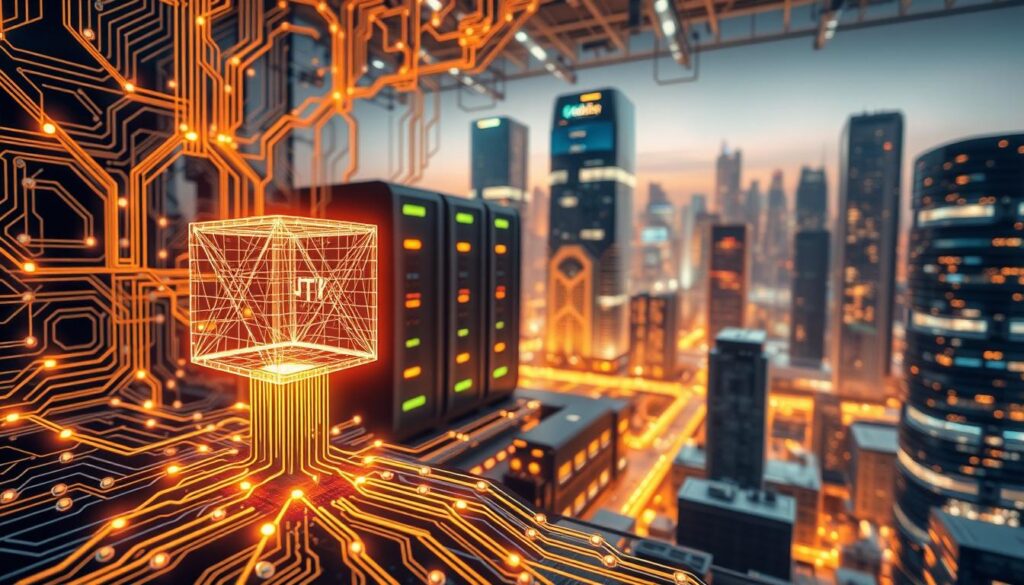 A complex circuit board with intertwining pathways, glowing nodes, and pulsating energy flows. In the foreground, a stylized blockchain transaction represented by a shimmering, holographic cube floating above the circuit. The middle ground features a series of high-tech servers and data storage units, their LEDs flickering with digital activity. The background depicts a cityscape of futuristic skyscrapers, their windows reflecting the ever-evolving blockchain technology at work. Warm, neon-like lighting casts an ethereal glow, highlighting the seamless integration of the blockchain system. Captured with a wide-angle lens to convey the grandeur and scale of this technological marvel. A complex circuit board with intertwining pathways, glowing nodes, and pulsating energy flows. In the foreground, a stylized blockchain transaction represented by a shimmering, holographic cube floating above the circuit. The middle ground features a series of high-tech servers and data storage units, their LEDs flickering with digital activity. The background depicts a cityscape of futuristic skyscrapers, their windows reflecting the ever-evolving blockchain technology at work. Warm, neon-like lighting casts an ethereal glow, highlighting the seamless integration of the blockchain system. Captured with a wide-angle lens to convey the grandeur and scale of this technological marvel.