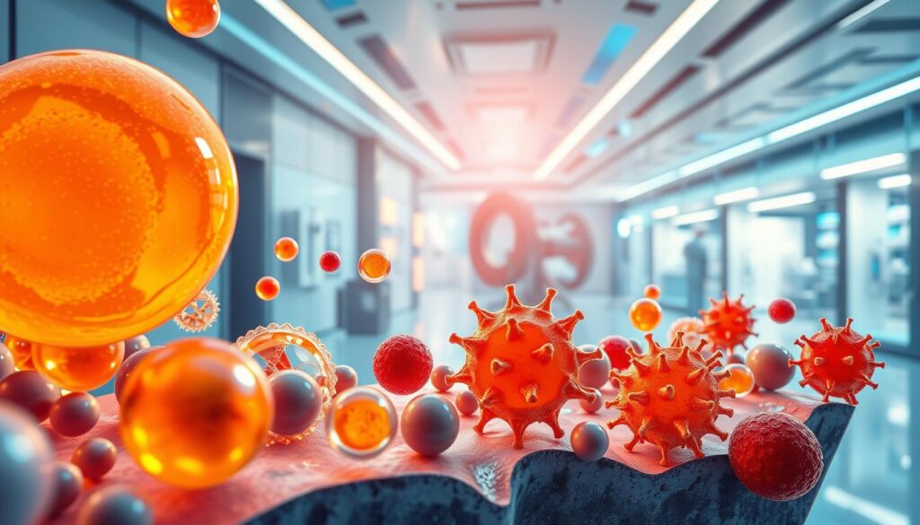A detailed cross-section of lipid-based and polymer-based nanocarriers in a vibrant, futuristic medical setting. The foreground features an array of diverse nanoparticle shapes and sizes, including liposomes, micelles, and polymeric nanoparticles, each with intricate textural details. The middle ground showcases a clinical laboratory environment with state-of-the-art equipment and diagnostic instruments, bathed in a warm, incandescent glow. The background presents a panoramic view of a modern, high-tech medical facility, with sleek architecture and advanced medical imaging systems. The overall scene conveys a sense of innovation, precision, and the transformative potential of nanobiotechnology in modern healthcare.