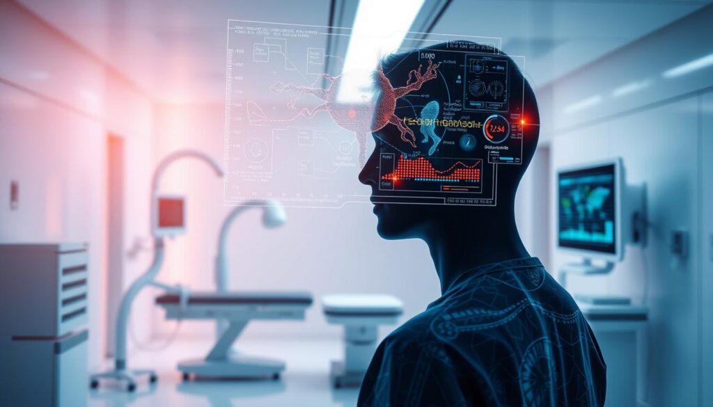 A detailed medical diagnostic interface, hovering above a patient's silhouette. The foreground displays a dynamic AI-powered visualization, showcasing intricate biological data and predictive analytics. The middle ground features sleek medical equipment, conveying advanced healthcare technology. The background is a minimalist, futuristic hospital setting, bathed in a soft, calming light. The overall scene reflects the seamless integration of artificial intelligence and personalized, predictive medical diagnosis.