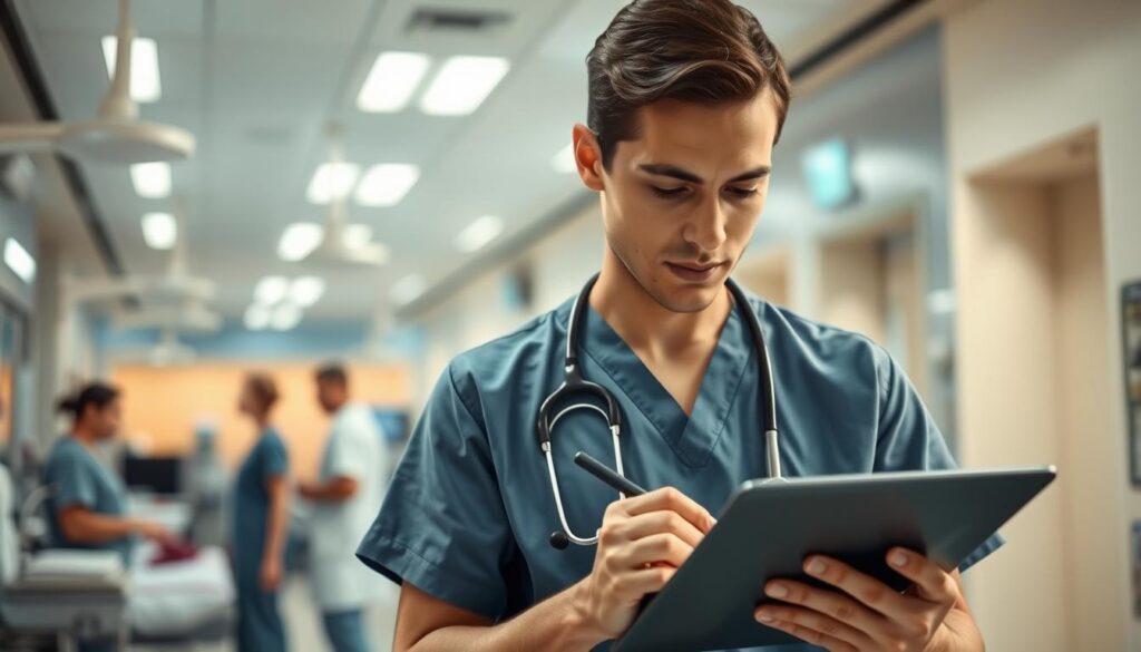 A digital medical scribe diligently recording patient information on a tablet, surrounded by a bustling hospital environment. The scribe's focused expression and nimble fingers capture the essential details, freeing up the attending physician to concentrate on patient care. Crisp, bright lighting illuminates the scene, creating a sense of professionalism and efficiency. The background is a blend of modern hospital equipment, medical staff in scrubs, and the muted hues of the facility. An atmosphere of seamless collaboration and technological advancement permeates the image, reflecting the vital role of digital scribes in streamlining medical workflows.