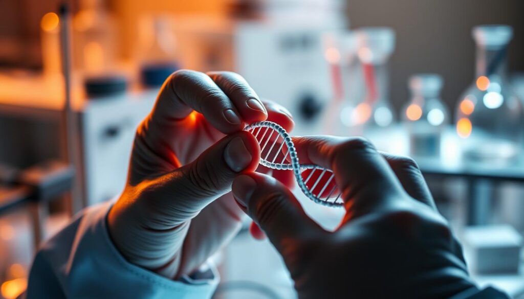 A dramatic close-up of a pair of human hands delicately manipulating microscopic DNA strands, illuminated by a warm, diffused light. In the background, a blurred laboratory setting with scientific equipment and test tubes. The hands represent the precision and care required in gene therapy and genetic editing, showcasing the potential to correct genetic disorders at their source. The overall mood is one of scientific innovation and the promise of personalized medicine.