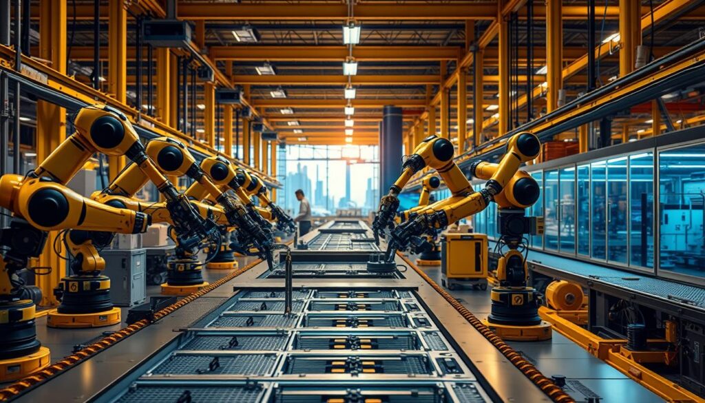 A factory floor bathed in warm, industrial lighting. In the foreground, a team of robotic arms and humanoid cobots working in seamless collaboration, assembling intricate mechanical components with precision and efficiency. The middle ground features a panoramic view of the production line, bustling with automated machinery and conveyor belts. In the background, the silhouettes of towering factory structures and the faint glow of high-tech displays reflect the cutting-edge nature of Industry 4.0. The scene conveys a sense of technological prowess, human-machine synergy, and the transformative power of collaborative robotics in modern manufacturing.