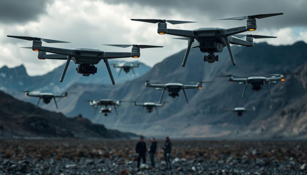 A fleet of advanced drones hovering over a vast, rugged landscape, their sleek frames illuminated by soft, natural lighting. The drones' high-resolution cameras and infrared sensors meticulously scan the terrain below, gathering crucial data for environmental monitoring and security operations. In the middle ground, a team of drone operators carefully controls the aerial vehicles, their concentration evident in their posture. The background showcases the harsh yet beautiful environment, with towering mountains and a cloudy, atmospheric sky, creating a sense of scale and grandeur. The overall scene conveys the power and precision of drone technology in real-world applications.