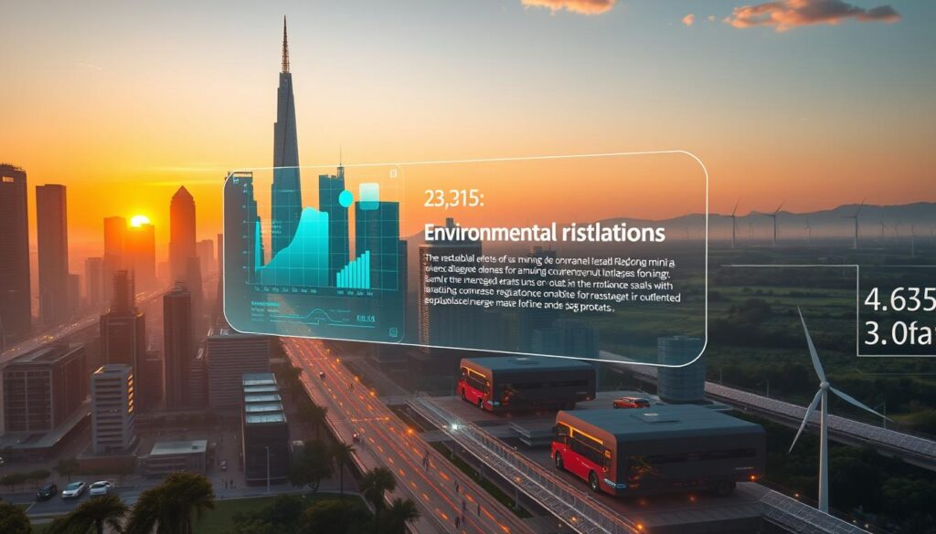 A futuristic cityscape at sunset, with towering skyscrapers and glowing, sustainable energy grids. In the foreground, a holographic display showcases environmental regulations for cryptocurrency mining, with vibrant data visualizations and sleek interface elements. Hazy, atmospheric lighting creates a sense of technological progress and environmental consciousness. The middle ground features a bustling metropolis, with electric vehicles and pedestrians navigating the urban landscape. In the background, a lush, verdant landscape with wind turbines and solar panels, symbolizing the integration of green energy initiatives. The overall scene conveys a vision of a sustainable, technologically-advanced future where environmental regulations drive the development of eco-friendly blockchain solutions.