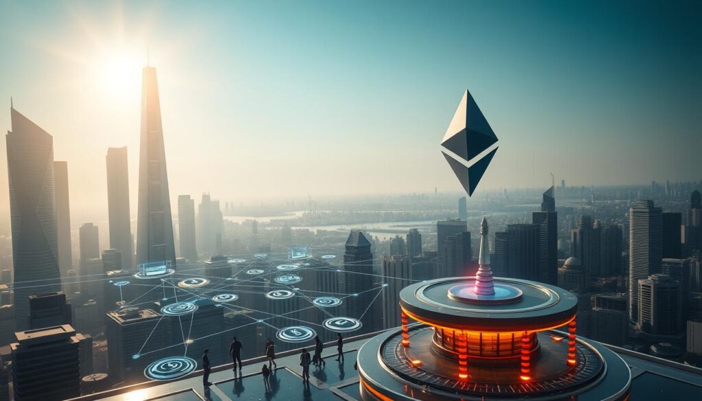 A futuristic cityscape with gleaming towers and a floating Ethereum symbol in the sky, casting a warm glow over the scene. In the foreground, a network of digital tokens representing various real-world assets are being exchanged and traded on a holographic interface, surrounded by data visualizations and financial analytics. The mid-ground features a bustling hub of activity, with people interacting with these digital asset tokens, while the background showcases the sprawling metropolis, hinting at the widespread adoption and integration of this transformative Ethereum-based technology. The lighting is crisp and cinematic, with dramatic shadows and highlights, creating a sense of technological advancement and financial innovation.