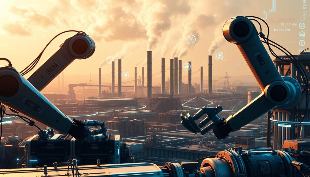 A futuristic, industrial landscape depicting the impacts of the Fourth Industrial Revolution. In the foreground, sleek robotic arms assemble intricate machinery, their movements choreographed and precise. In the middle ground, a sprawling factory complex with towering smokestacks and gleaming metal structures. The background is hazy with a sense of technological progress, with holographic displays and data streams intertwining in the air. The lighting is a combination of warm, industrial lighting and cool, digital accents, creating an atmosphere of innovation and technological advancement. The overall mood is one of both progress and transition, as the world adapts to the rapid changes brought about by the Fourth Industrial Revolution.