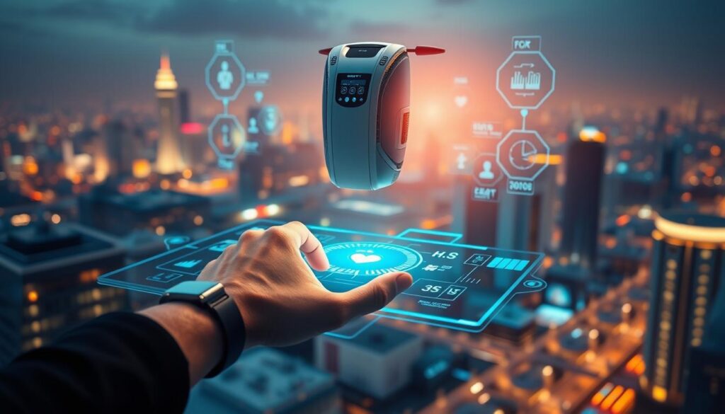 A futuristic medical device hovers above a glowing digital interface, surrounded by holographic displays showcasing real-time health data. In the foreground, a hand wearing a sleek, high-tech wearable interacts with the interface, while in the background, a cityscape of smart buildings and connected infrastructure suggests the integration of biotechnology and digital health. The scene is bathed in a warm, ambient light, conveying a sense of innovation, precision, and the seamless convergence of the physical and digital realms in the pursuit of enhanced healthcare.