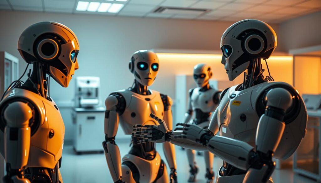 A group of pioneering humanoid robots interacting naturally, their movements fluid and lifelike. The scene is bathed in warm, directional lighting, casting gentle shadows that accentuate the robotic forms. The robots are positioned in the foreground, engaged in animated conversation, their expressive faces and gestures conveying a sense of human-like interaction. In the middle ground, additional robotic models observe the exchange, while the background features a clean, minimalist laboratory setting with sleek, high-tech equipment. The overall mood is one of technological advancement and the seamless integration of robotics into everyday human interactions.
