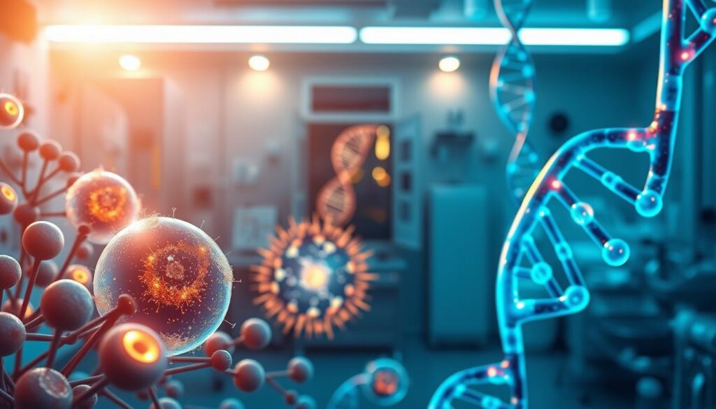 A high-resolution, photorealistic illustration showcasing the concepts of cellular therapies and genetic reprogramming. In the foreground, vibrant glowing stem cells and gene editing tools. In the middle ground, a DNA helix and microscopic cellular structures undergoing rejuvenation. In the background, a serene laboratory setting with advanced biotech equipment, subtle lighting, and a contemplative atmosphere. Convey a sense of scientific progress, medical innovation, and the promise of healthier longevity.