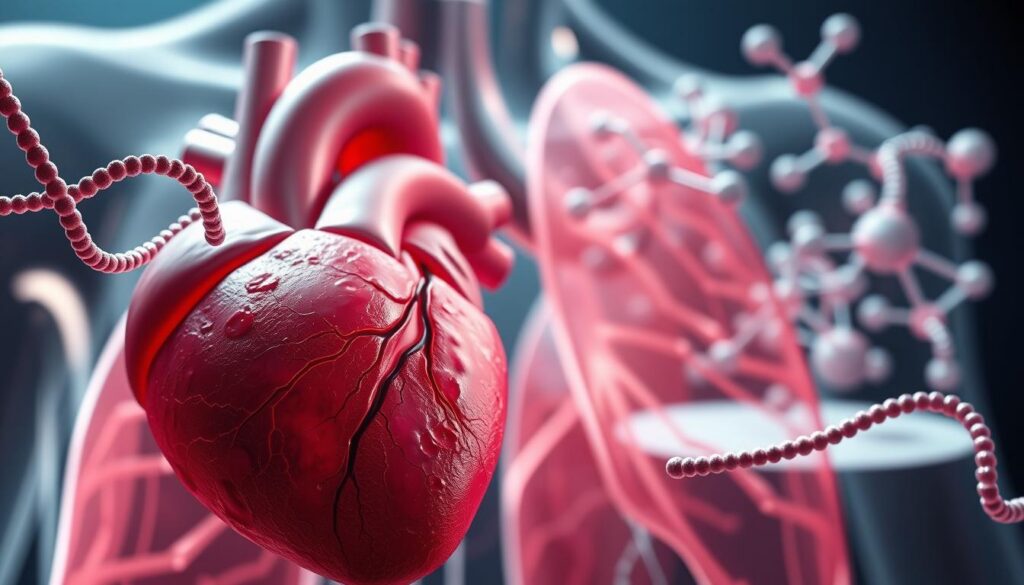 A high-resolution, photorealistic image of genetic editing in the context of cardiovascular diseases and cancer. The scene depicts a detailed, cross-sectional view of a human heart and lungs, with strands of DNA and CRISPR-Cas9 enzymes prominently featured in the foreground. The background showcases a molecular structure model, representing the complex mechanisms of genetic modification. The lighting is soft and directional, creating depth and emphasizing the intricate details. The overall composition conveys a sense of scientific exploration and medical innovation, aligned with the section title "Advances in Genetic Editing for Cardiovascular Diseases and Cancer."