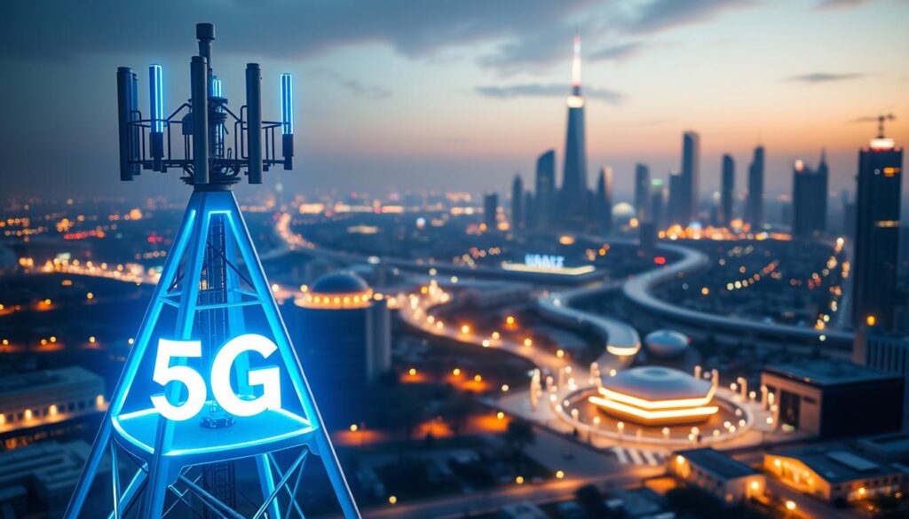 A highly detailed, hyperrealistic image of the 5G network infrastructure and advanced connectivity technology. In the foreground, a futuristic 5G cellular tower emits a brilliant blue-white 5G signal, surrounded by a sleek, angular design. In the middle ground, a series of interconnected devices and smart home appliances are seamlessly linked by the high-speed 5G network, conveying a sense of seamless, pervasive connectivity. In the background, a cityscape of modern skyscrapers and infrastructure fades into the distance, hinting at the widespread integration of 5G and IoT technologies. The scene is bathed in a warm, futuristic glow, with carefully placed lighting to emphasize the advanced, cutting-edge nature of the technology. The overall mood is one of awe and wonder at the transformative potential of 5G and connected technologies.