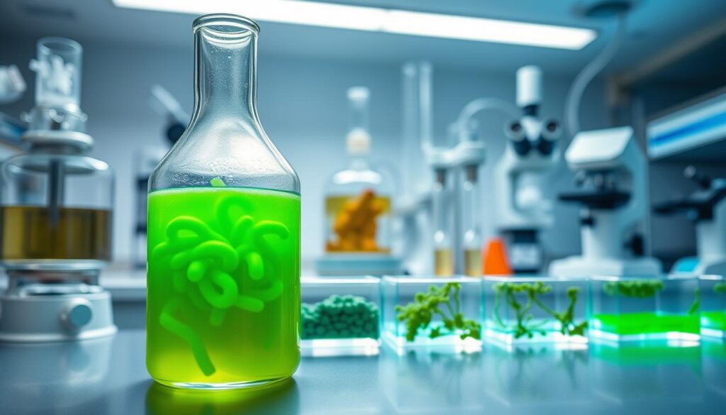 A laboratory setting with a modern, sleek aesthetic. In the foreground, a transparent glass beaker filled with a luminescent green liquid, representing a novel biotechnological protein or food ingredient. In the middle ground, a row of petri dishes containing various microbial cultures, hinting at the development of alternative protein sources. The background features state-of-the-art scientific equipment, such as bioreactors, centrifuges, and microscopes, conveying the sophisticated technological processes involved in creating these innovative food products. Bright, diffused lighting bathes the scene, creating a sense of scientific discovery and progress. The overall composition suggests the intersection of cutting-edge biotechnology and the future of sustainable, functional foods.