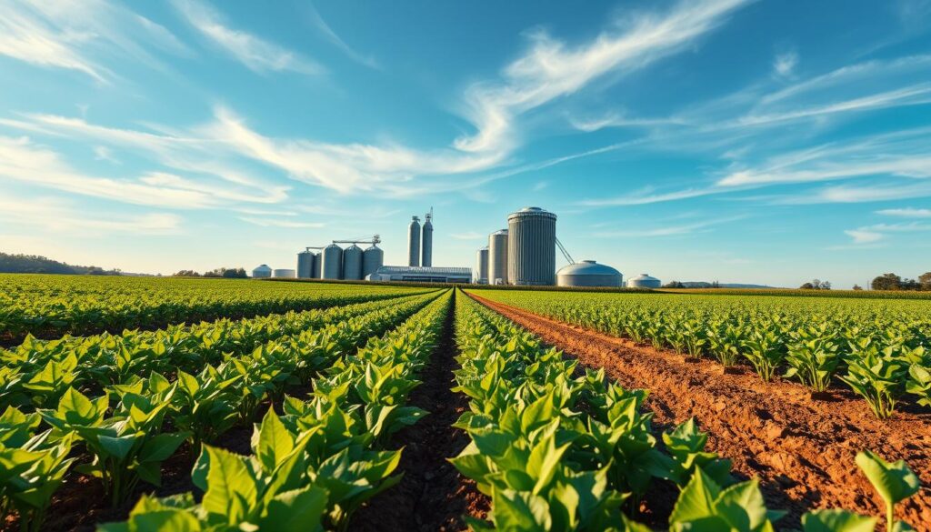 A lush, technologically-advanced agricultural field, with rows of thriving crops dotted with IoT sensors. Verdant foliage and rich soil in the foreground, bathed in warm, golden sunlight. Towering, futuristic-looking silos and farm structures in the middle ground, their sleek designs hinting at integrated AI systems. In the background, a clear blue sky with wispy clouds, creating a sense of tranquility and progress. The scene conveys a harmonious blend of traditional farming practices and cutting-edge technology, highlighting the potential of IoT and AI to revolutionize modern agriculture.