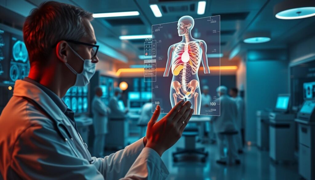 A medical diagnostic laboratory, dimly lit with warm, focused lighting. In the foreground, a doctor examines a detailed 3D holographic model of a patient's anatomy, manipulating it with their hands. The middle ground shows various medical imaging equipment, advanced AI analysis software, and a team of healthcare professionals collaborating on the diagnosis. The background depicts a futuristic, high-tech hospital setting, with seamless integration of cutting-edge digital technologies. The overall scene conveys the power of artificial intelligence in revolutionizing personalized medical care, elevating diagnostic precision and enabling more informed, data-driven treatment decisions.