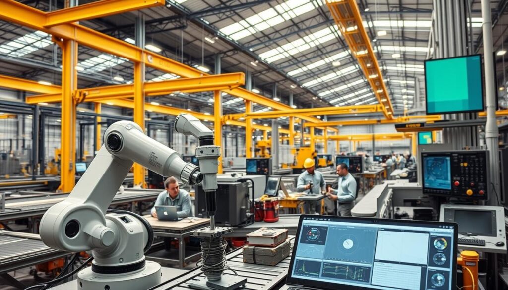 A modern factory interior with an array of connected industrial machinery, sensors, and IoT devices. In the foreground, a robotic arm precisely manipulates a precision part on an assembly line, surrounded by a network of conveyor belts and gantry cranes. In the middle ground, technicians monitor a series of interactive dashboards and control panels, analyzing real-time data from the connected systems. The background is filled with high-ceilinged production spaces, bathed in the warm glow of energy-efficient LED lighting. An atmosphere of efficiency, automation, and data-driven decision-making permeates the scene, illustrating the benefits of implementing IoT technology in a smart manufacturing environment.
