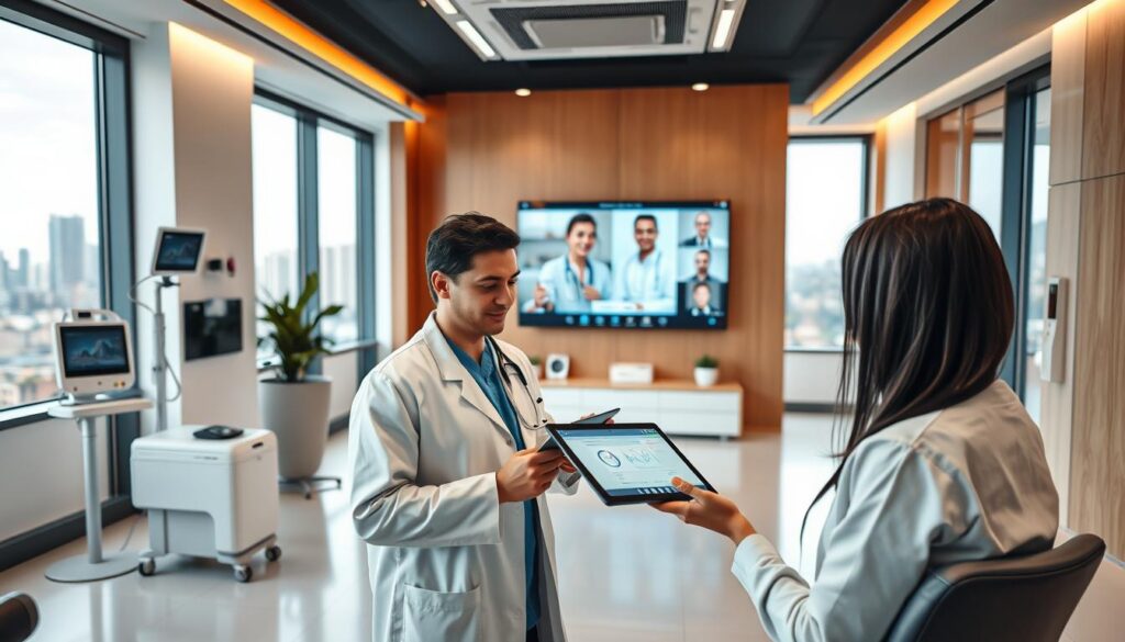 A modern medical office with sleek, minimalist design. In the foreground, a doctor in a white lab coat consults with a patient on a tablet, demonstrating a digital health platform. The middle ground features various medical monitoring devices and a large, high-resolution display screen showcasing telemedicine video conferencing. The background depicts a clean, well-lit room with large windows overlooking a city skyline, suggesting the integration of remote healthcare and technology. Warm, natural lighting accentuates the professional, yet welcoming atmosphere. The overall scene conveys the seamless fusion of digital health solutions and personalized medical care. A modern medical office with sleek, minimalist design. In the foreground, a doctor in a white lab coat consults with a patient on a tablet, demonstrating a digital health platform. The middle ground features various medical monitoring devices and a large, high-resolution display screen showcasing telemedicine video conferencing. The background depicts a clean, well-lit room with large windows overlooking a city skyline, suggesting the integration of remote healthcare and technology. Warm, natural lighting accentuates the professional, yet welcoming atmosphere. The overall scene conveys the seamless fusion of digital health solutions and personalized medical care.