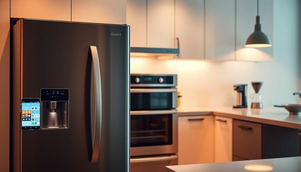 A modern, minimalist kitchen filled with sleek, connected appliances. The foreground showcases a smart refrigerator with a large touchscreen display, connected to a smartphone app for remote monitoring and control. In the middle ground, a high-tech oven with intuitive digital controls and built-in food recognition. The background features a countertop with a smart coffee maker and blender, seamlessly integrated into the kitchen's clean, contemporary design. Warm, diffused lighting casts a welcoming glow, highlighting the smart home's efficient, streamlined functionality. The overall mood is one of sophistication and technological sophistication, reflecting the article's focus on IoT devices that simplify daily tasks.