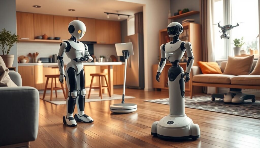 A modern, well-appointed home with a variety of domestic robots seamlessly integrated throughout. In the foreground, a friendly humanoid assistant robot diligently tidying up, while a robotic vacuum cleaner quietly cleans the hardwood floors in the middle ground. In the background, a sleek robotic arm prepares a healthy meal in the kitchen, as an autonomous security drone hovers near a window, ensuring the home's safety. The scene is bathed in warm, natural lighting, conveying a sense of harmony and efficiency. The overall mood is one of comfort, convenience, and the rewarding benefits of advanced home automation in 2025. A modern, well-appointed home with a variety of domestic robots seamlessly integrated throughout. In the foreground, a friendly humanoid assistant robot diligently tidying up, while a robotic vacuum cleaner quietly cleans the hardwood floors in the middle ground. In the background, a sleek robotic arm prepares a healthy meal in the kitchen, as an autonomous security drone hovers near a window, ensuring the home's safety. The scene is bathed in warm, natural lighting, conveying a sense of harmony and efficiency. The overall mood is one of comfort, convenience, and the rewarding benefits of advanced home automation in 2025.