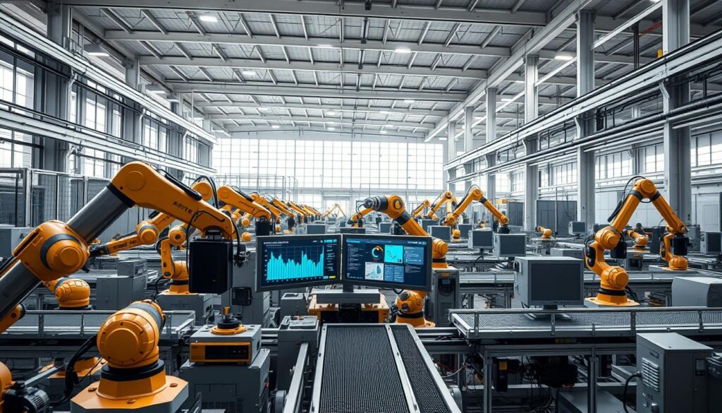 A modern, well-lit industrial interior with an emphasis on automation and interconnectivity. In the foreground, a network of robotic arms and conveyor belts seamlessly orchestrate the manufacturing process. In the middle ground, a series of sleek, digital control panels and monitors display real-time analytics and optimization insights. The background features high ceilings, large windows, and an overall sense of efficiency and technological advancement. The lighting is a balanced mix of natural and artificial illumination, creating a bright, clean atmosphere. The overall mood conveys the strategic benefits of a highly intelligent, integrated factory system - increased productivity, quality, and cost-savings.