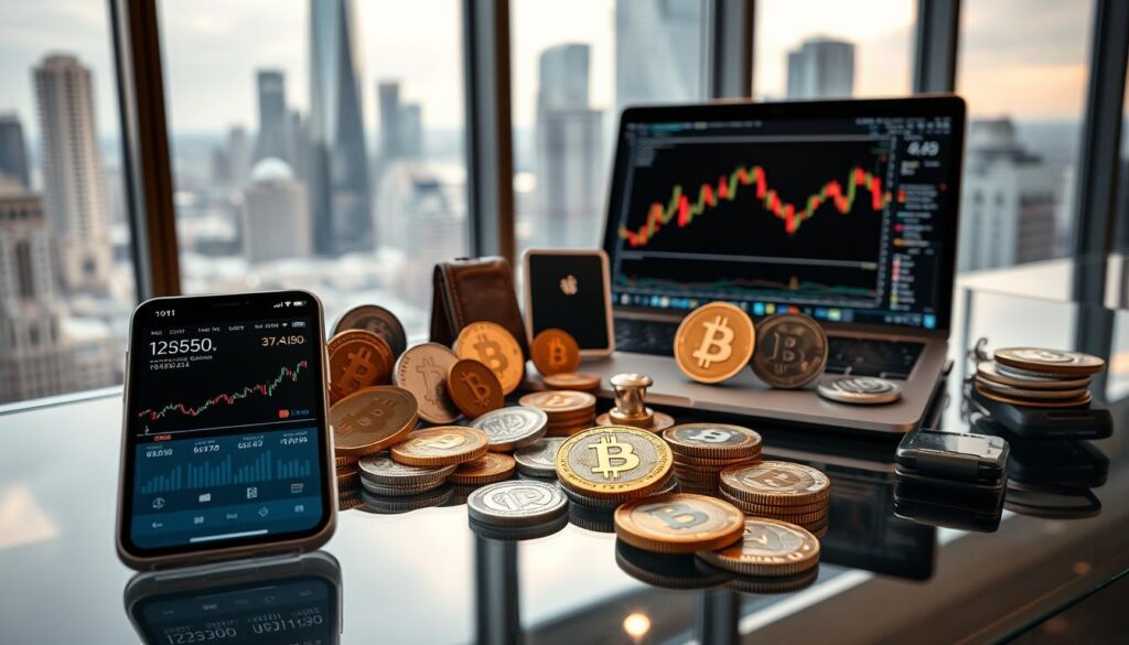 A portfolio of diverse cryptocurrency assets arranged on a modern glass and steel desktop. In the foreground, a smartphone displays various digital coin prices and graphs. The middle ground features physical cryptocurrency tokens, hardware wallets, and an open laptop showing a trading interface. The background showcases a sleek cityscape through large windows, conveying a sense of financial sophistication. The lighting is warm and inviting, with soft shadows and highlights accentuating the technological elegance. Captured with a wide-angle lens to emphasize the depth and interconnectivity of the crypto investment ecosystem.