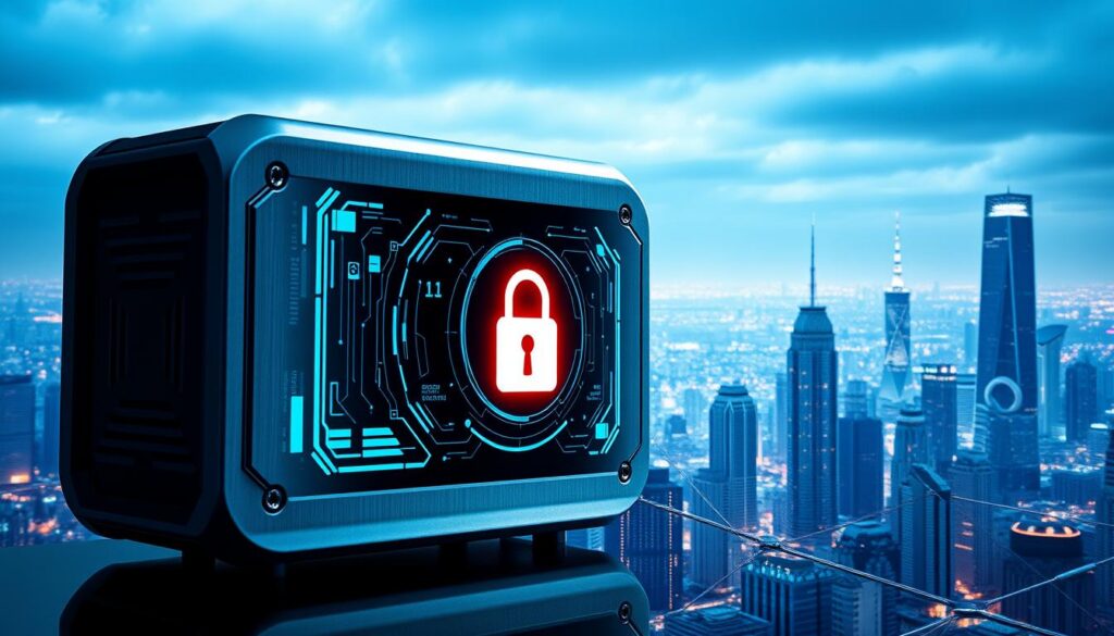 A secure IoT device with a glowing data encryption interface, set against a backdrop of a futuristic smart city landscape. The device is rendered in sleek metallic tones, with a prominent lock icon and data visualization elements. The cityscape features towering skyscrapers, interconnected networks, and a subtle color palette of blues and grays, conveying a sense of technological sophistication and the importance of robust data protection in the age of the Internet of Things. The lighting is dramatic, with strategic use of chiaroscuro to highlight the device's security features. The overall composition emphasizes the central role of data encryption in ensuring the safety and reliability of IoT systems. A secure IoT device with a glowing data encryption interface, set against a backdrop of a futuristic smart city landscape. The device is rendered in sleek metallic tones, with a prominent lock icon and data visualization elements. The cityscape features towering skyscrapers, interconnected networks, and a subtle color palette of blues and grays, conveying a sense of technological sophistication and the importance of robust data protection in the age of the Internet of Things. The lighting is dramatic, with strategic use of chiaroscuro to highlight the device's security features. The overall composition emphasizes the central role of data encryption in ensuring the safety and reliability of IoT systems.