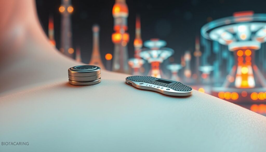 A sleek, metallic implant rests against pale skin, its surface dotted with intricate circuitry. Surrounding it, a futuristic landscape of gleaming towers and holographic displays casts a warm, ambient glow. In the foreground, a close-up view captures the seamless integration of this cutting-edge technology with the human body, hinting at the possibilities of modern biohacking. The image conveys a sense of innovation, progress, and the blurring boundaries between man and machine.