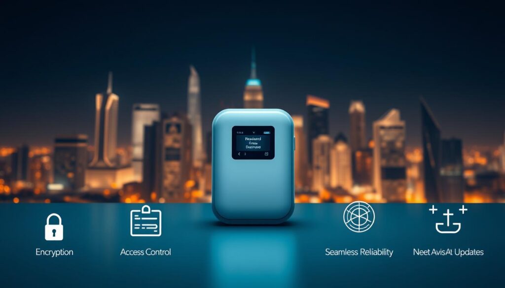 A sleek, modern IoT device taking center stage, its elegant design and intuitive user interface showcasing the latest advancements in secure connectivity. In the background, a minimalist cityscape bathed in warm, ambient lighting, symbolizing the ubiquity of connected technology. The foreground features stylized icons and glyphs representing the core principles of IoT security: encryption, access control, and seamless over-the-air updates. The scene conveys a sense of confidence and reliability, reflecting the essential strategies for safeguarding IoT ecosystems.