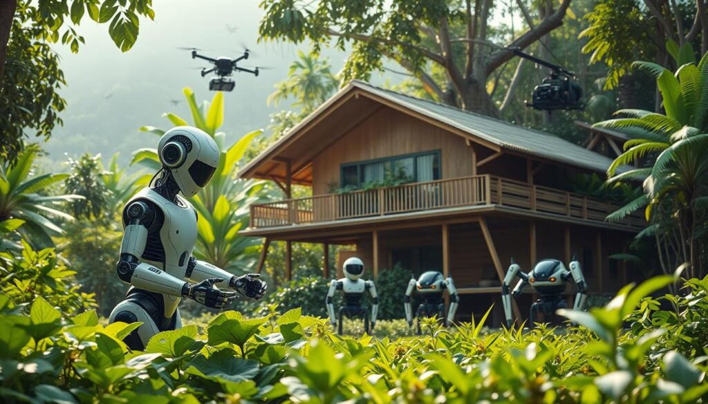 A vibrant scene of robots seamlessly integrated into the lush Brazilian environment. In the foreground, a sleek humanoid robot tending to a thriving vegetable garden, its outer shell blending with the verdant foliage. In the middle ground, a pair of multi-limbed robots collaborating to construct an energy-efficient home, their movement graceful and adaptive to the tropical climate. In the background, a swarm of agile aerial robots monitoring the local ecosystem, their sensor arrays attuned to the unique demands of the Brazilian biome. Soft, diffused lighting filters through the canopy, casting a warm, natural glow over the scene. The overall atmosphere conveys a harmonious coexistence between technology and nature, showcasing the remarkable adaptability of these domestic robots to the Brazilian way of life.