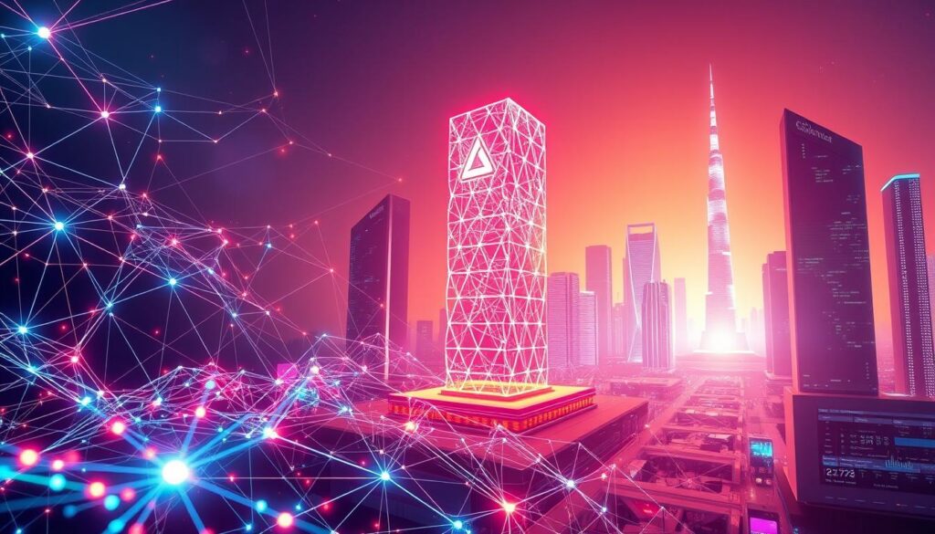 A vibrant, visually-striking illustration of blockchain and NFTs. In the foreground, a futuristic blockchain network pulsates with energy, its intricate web of interconnected nodes shimmering with a spectrum of digital colors. Towering in the middle ground, a magnificent holographic NFT sculpture takes center stage, its intricate details and intricate patterns captivating the viewer. In the background, a sleek, minimalist cityscape of gleaming skyscrapers and advanced technology evokes a sense of innovation and progress. The overall scene is bathed in a warm, ethereal lighting, creating a compelling and immersive atmosphere that truly captures the essence of blockchain and NFTs.