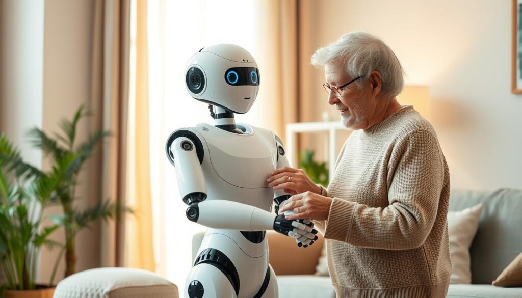 A well-lit, wide-angle shot of a domestic humanoid robot assisting an elderly person in a cozy, modern home environment. The robot has a sleek, streamlined design with clean lines and a friendly, approachable appearance. It is interacting with the person, perhaps helping them with a task or providing companionship, conveying a sense of care and support. The background features warm, natural lighting, soft textures, and subtle greenery, creating a calming, inviting atmosphere. The composition balances the robot and the person, showcasing their collaborative, harmonious relationship. The image exudes a sense of comfort, security, and the seamless integration of advanced technology into everyday domestic life. A well-lit, wide-angle shot of a domestic humanoid robot assisting an elderly person in a cozy, modern home environment. The robot has a sleek, streamlined design with clean lines and a friendly, approachable appearance. It is interacting with the person, perhaps helping them with a task or providing companionship, conveying a sense of care and support. The background features warm, natural lighting, soft textures, and subtle greenery, creating a calming, inviting atmosphere. The composition balances the robot and the person, showcasing their collaborative, harmonious relationship. The image exudes a sense of comfort, security, and the seamless integration of advanced technology into everyday domestic life.