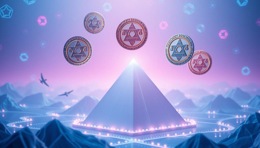 Decentralized governance tokens floating above a futuristic blockchain landscape. A central pyramid-shaped structure representing the distributed decision-making power of the community. Soft blue and purple hues cast an ethereal glow, with hexagonal data structures and nodes in the background. The scene conveys a sense of democratic, community-driven control over the blockchain ecosystem. Detailed, cinematic lighting, with a shallow depth of field to focus attention on the governance tokens.