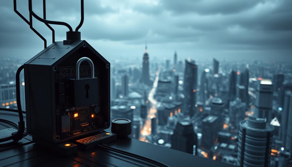 Detailed cybersecurity in IoT devices, with a focus on privacy and data protection. In the foreground, a connected smart home device, its circuits exposed, guarded by a digital security barrier. In the middle, a network of IoT sensors and devices, intertwining across a futuristic cityscape. In the background, data streams and encrypted protocols flow through the urban landscape, hinting at the complex infrastructure underlying the IoT ecosystem. Muted tones convey a sense of technical sophistication and the challenges of safeguarding an increasingly interconnected world. Moody lighting and cinematic angles heighten the atmosphere of vigilance and data security.