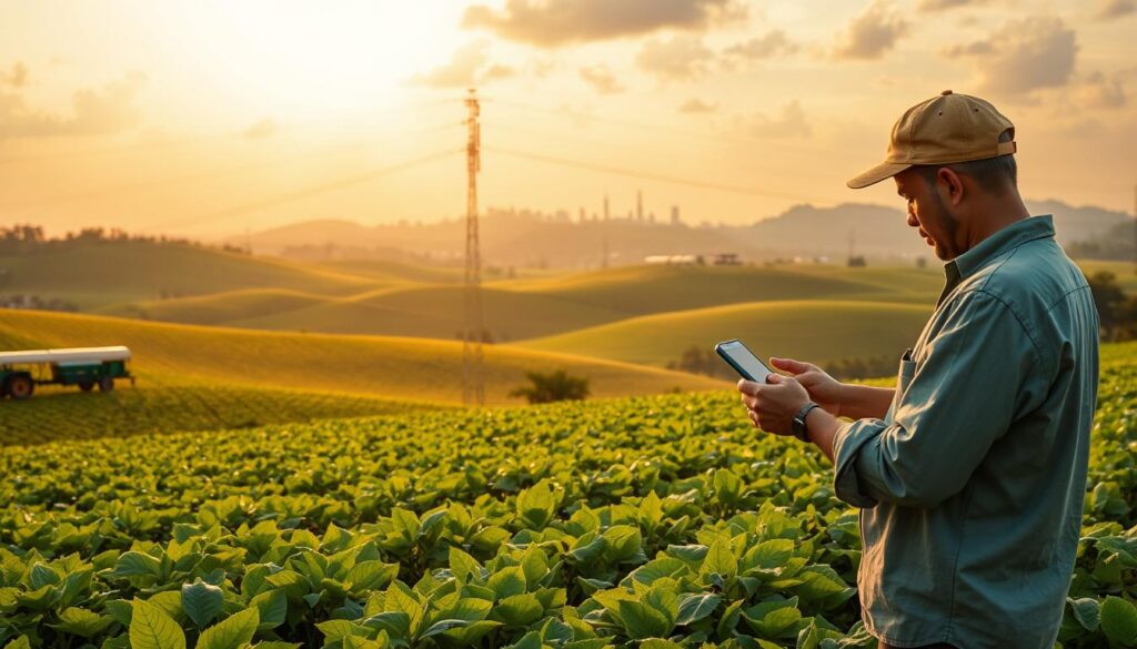Lush green fields stretch across a rolling landscape, dotted with modern agricultural equipment and structures. In the foreground, a farmer inspects a smartphone, analyzing data from IoT sensors scattered throughout the crops. The middle ground features a network of interconnected devices, with cables and antennas crisscrossing the scene, symbolizing the challenges of connectivity. In the distance, a city skyline hints at the need for technical expertise and infrastructure to enable the full potential of IoT in Brazilian agriculture. Warm, golden lighting illuminates the scene, conveying a sense of progress and promise, tempered by the practical realities of implementation. Lush green fields stretch across a rolling landscape, dotted with modern agricultural equipment and structures. In the foreground, a farmer inspects a smartphone, analyzing data from IoT sensors scattered throughout the crops. The middle ground features a network of interconnected devices, with cables and antennas crisscrossing the scene, symbolizing the challenges of connectivity. In the distance, a city skyline hints at the need for technical expertise and infrastructure to enable the full potential of IoT in Brazilian agriculture. Warm, golden lighting illuminates the scene, conveying a sense of progress and promise, tempered by the practical realities of implementation.