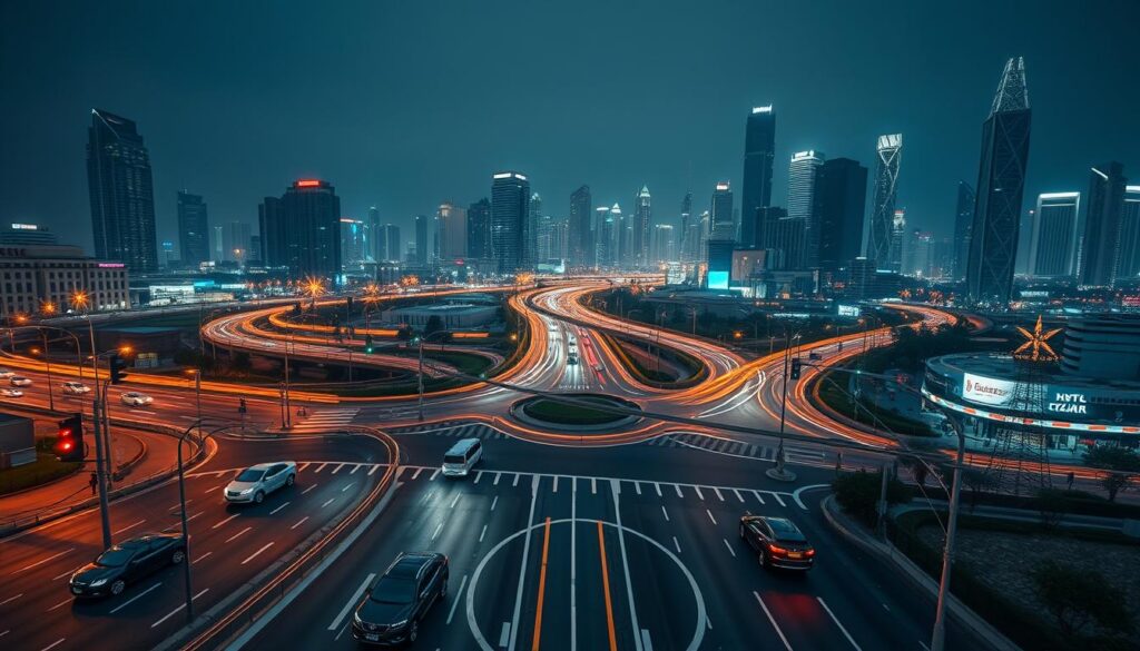 Panoramic view of a smart city with intelligent traffic management. In the foreground, a network of self-driving vehicles seamlessly navigating intersections and sharing real-time data to optimize traffic flow. In the middle ground, smart traffic signals and dynamic lane controls adapt to changing conditions, minimizing congestion. In the background, skyscrapers and modern architecture are illuminated by a warm, futuristic lighting scheme, conveying a sense of technological sophistication and efficiency. The scene evokes a harmonious, interconnected urban landscape where technology and infrastructure work in tandem to enable sustainable, intelligent mobility.